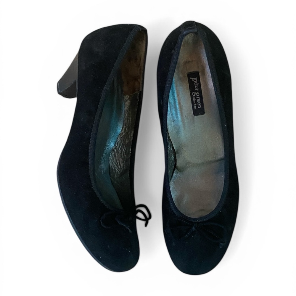 Paul Green Black Suede Round-Toe Bow Heel Pumps - Picture 2 of 5